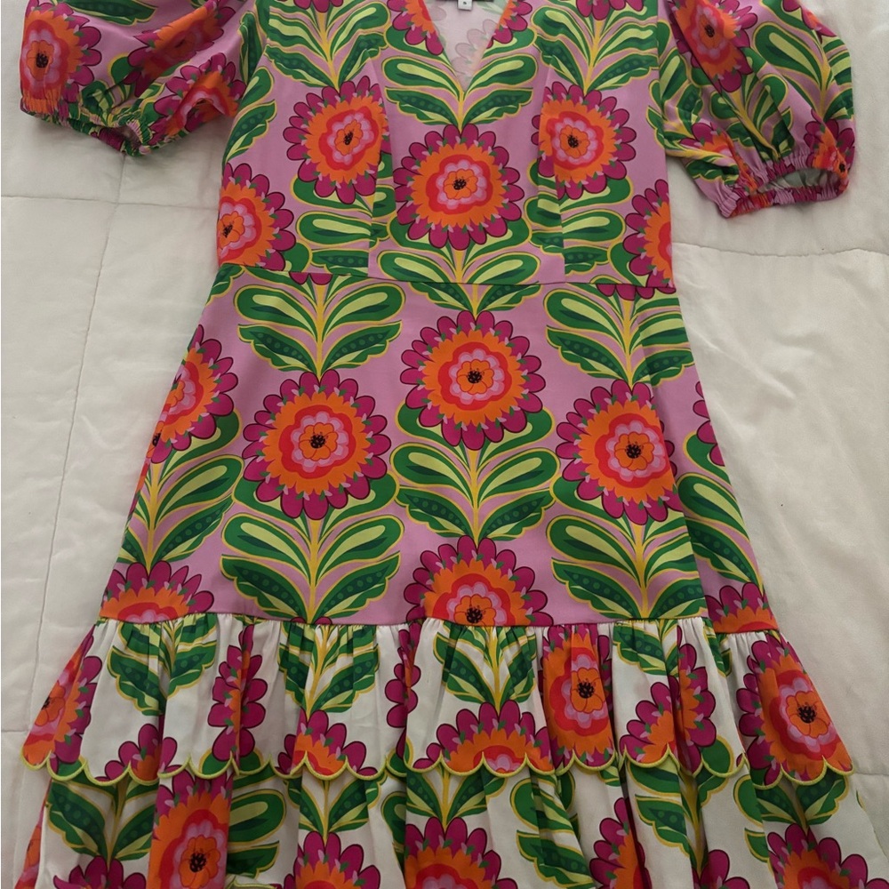 Pink and Red V-Neck Puff Sleeve Mini Dress